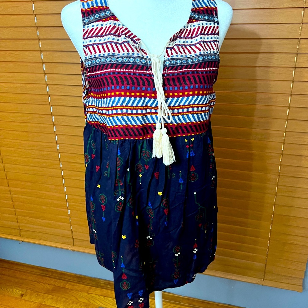 Umgee Women's Small Tunic Tank Dress Boho Floral Aztec V Neck Blue Red Tassels